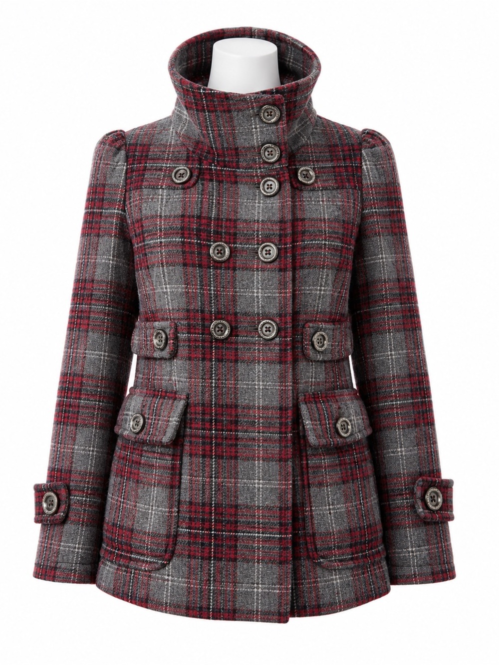 Green With Envy Gray/Red/Black Plaid Lined Wool Peacoat- L